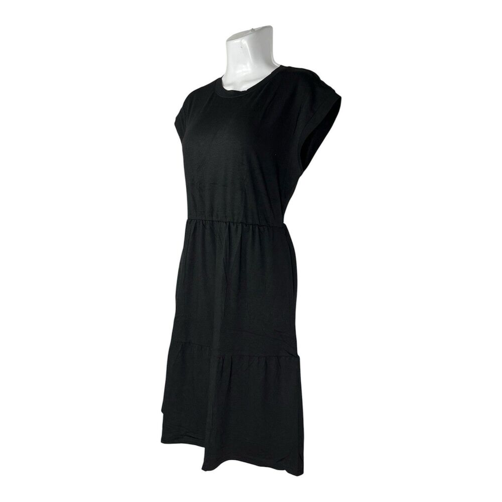 Wiholl Women Dress Black Medium Tiered Flowy Cap Sleeve Knee Peasant Babydoll